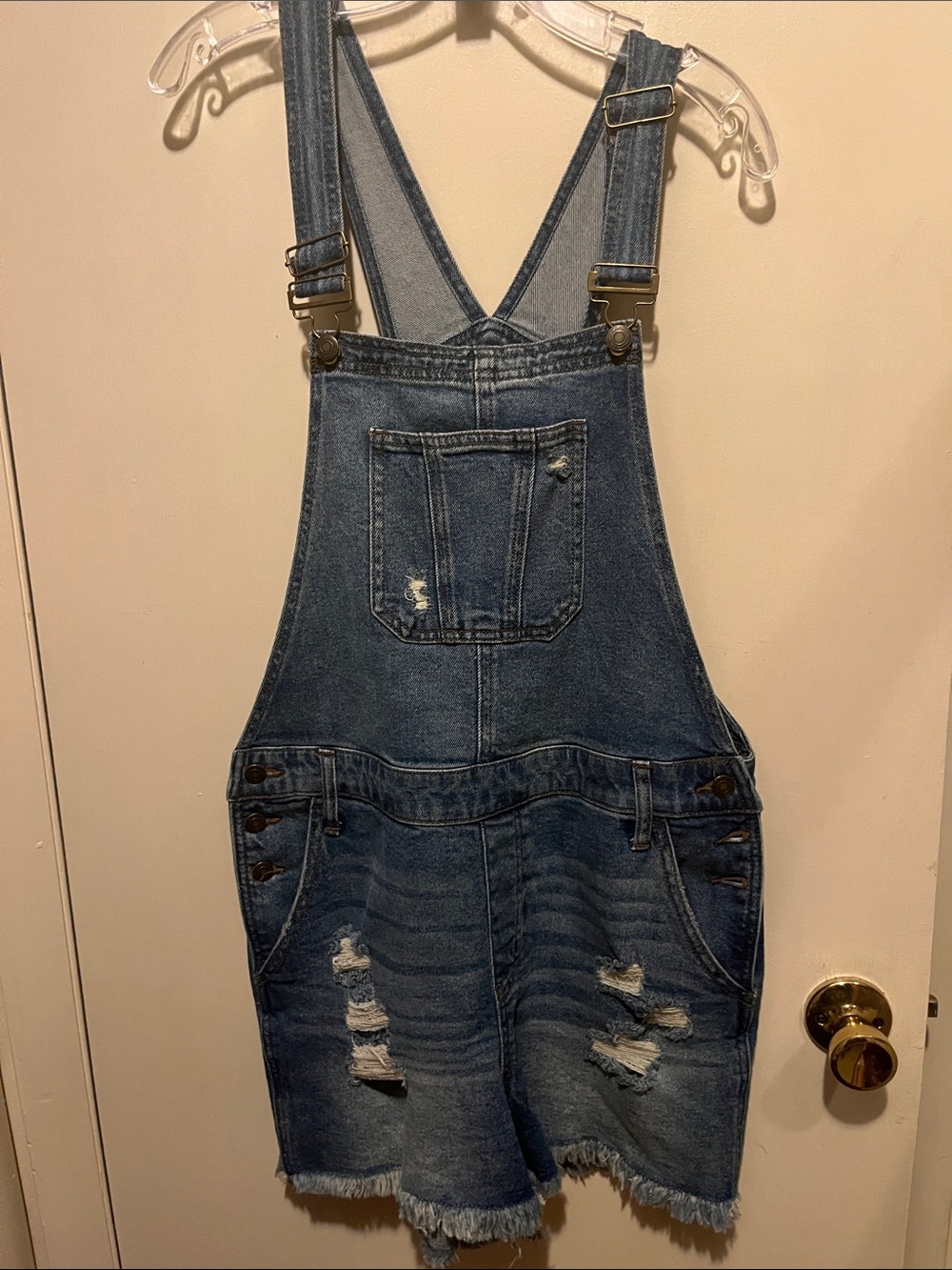 Soho Blue Distressed Denim Short Overalls